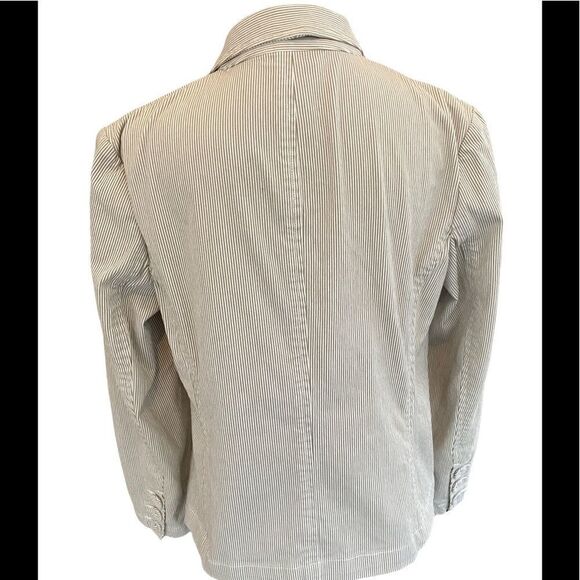 Talbots Petites Stretch tan/white striped covered button blazer, size 8. - Picture 3 of 7